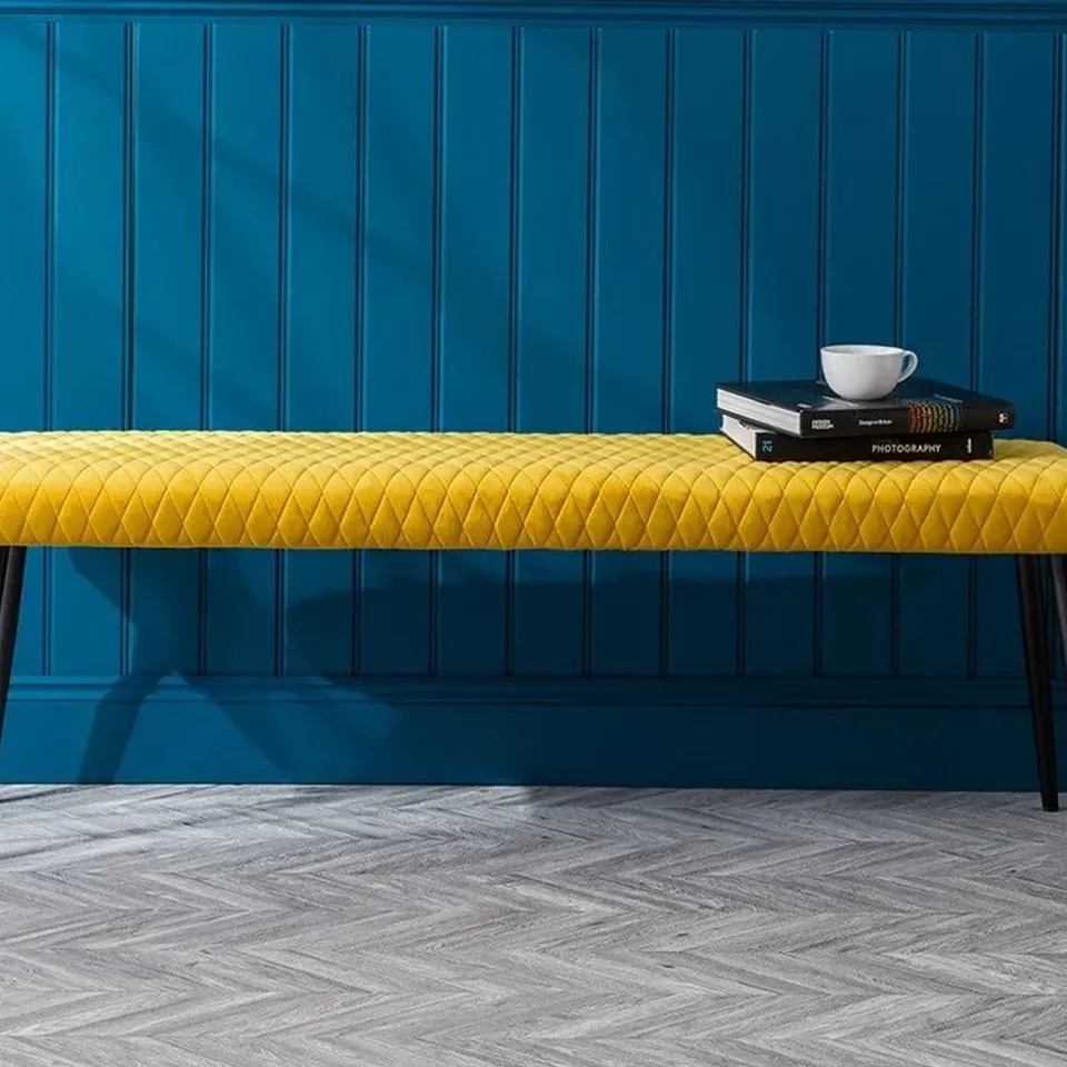 BOXED VELVET UPHOLSTERED MUSTARD BENCH (1 BOX)