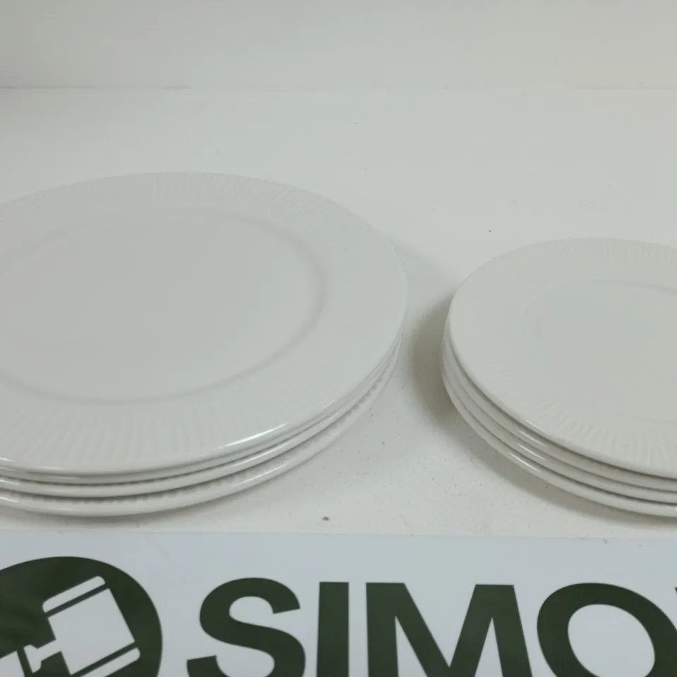 BOX OF 4 WHITE CERAMIC DINNER PLATES & SIDE PLATES 