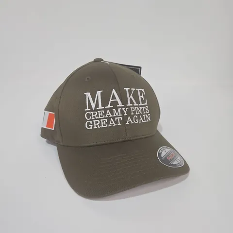 FLEXFIT CAP – OLIVE GREEN WITH 'MAKE CREAMY PINTS GREAT AGAIN' (S/M)