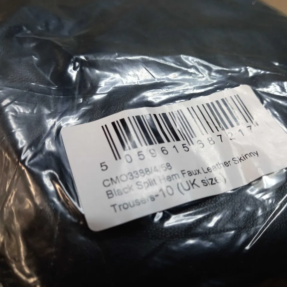 PACKAGED PLT BLACK FAUX LEATHER SPLIT HEM SKINNY TROUSERS - SIZE 10