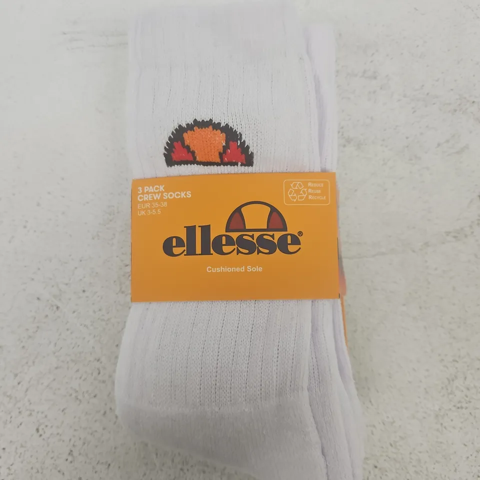 ELLESSE WHITE CREW SOCKS, 3-PACK – UK 3-5.5