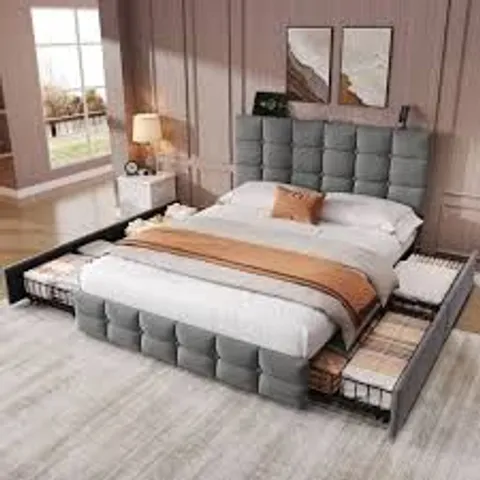 BOXED GREY BTM VELVET 4FT6 DOUBLE BED WITH 4 DRAWERS & CHARGING (2 BOXES)