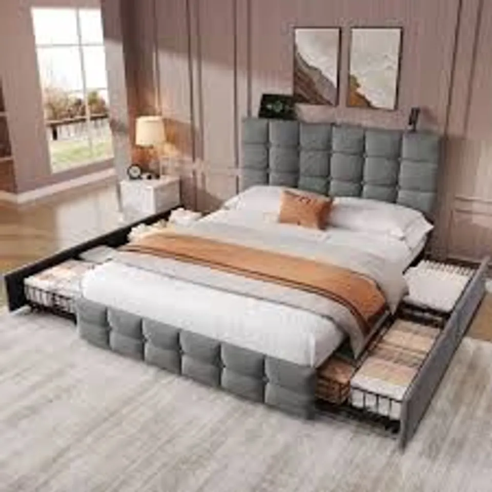 BOXED GREY BTM VELVET 4FT6 DOUBLE BED WITH 4 DRAWERS & CHARGING (2 BOXES)