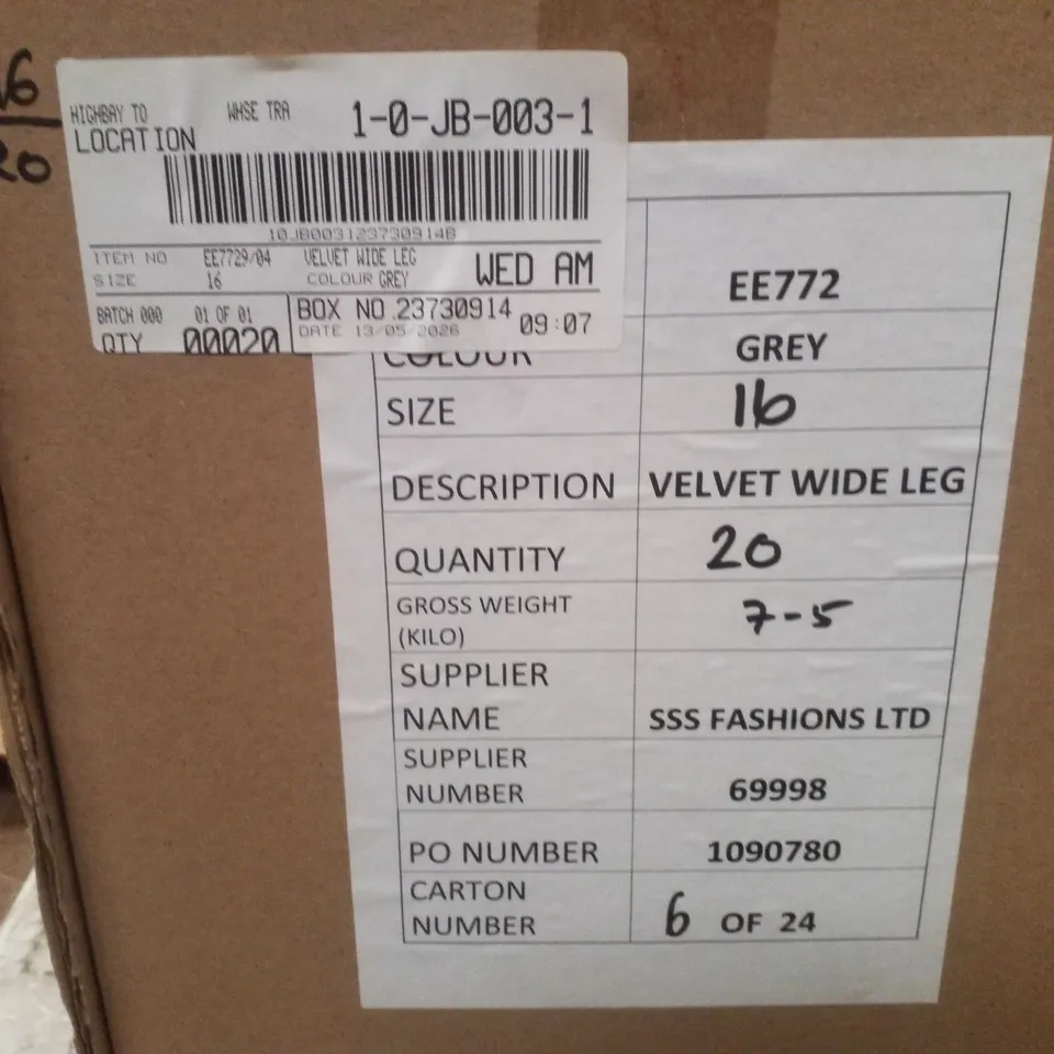 BOX CONTAINING APPROXIMATELY 20 BRAND NEW JD WILLIAMS GREY VELVET WIDE LEG TROUSERS - SIZE 16