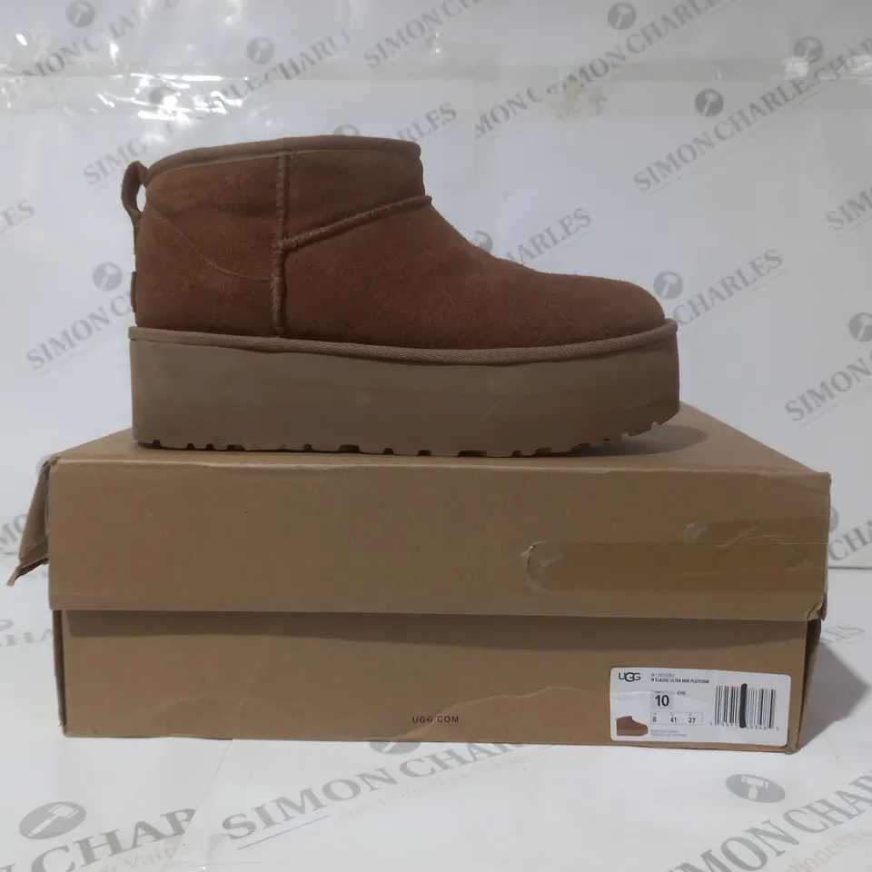 BOXED PAIR OF UGG ULTRA MINI PLATFORM SHOES IN BROWN UK SIZE 8