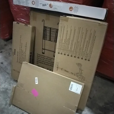 PALLET OF HOUSEHOLD ITEMS TO INCLUDE PICTURE FRAME,SCOOTER, VACUUM STAND, TELESCOPIC LADDER,  RECTANGULAR SAFETY GATE AND OTHER ASSORTED ITEMS...