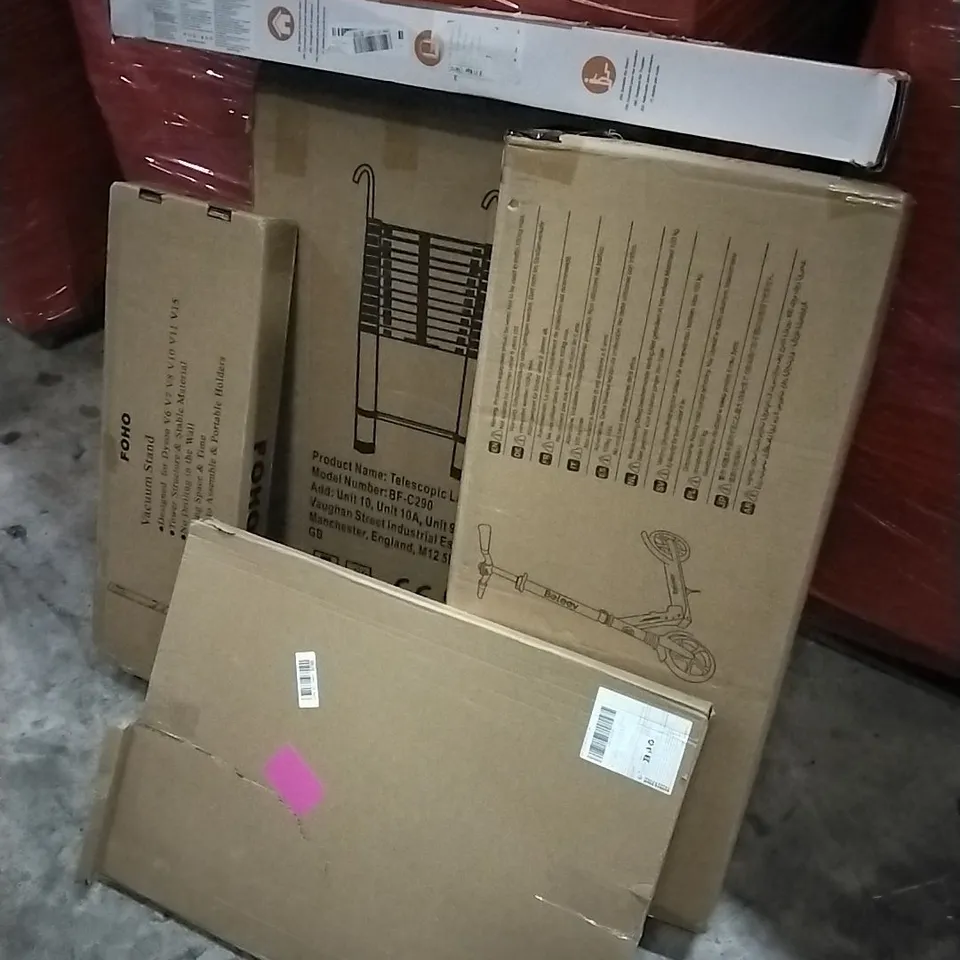PALLET OF HOUSEHOLD ITEMS TO INCLUDE PICTURE FRAME,SCOOTER, VACUUM STAND, TELESCOPIC LADDER, RECTANGULAR SAFETY GATE AND OTHER ASSORTED ITEMS...