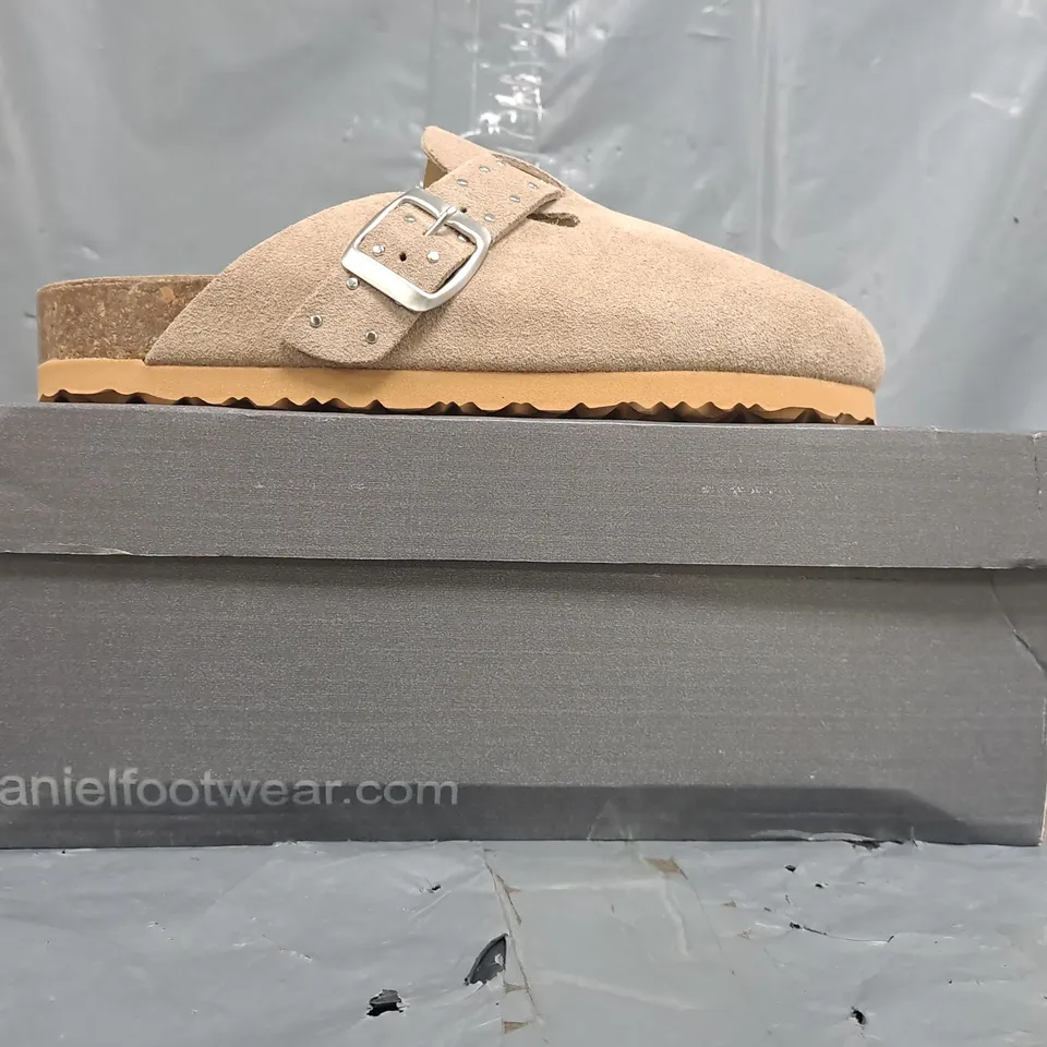 BOXED PAIR OF DANIEL STUD STRAP CLOSED TOE MULES IN TAUPE SIZE EU SIZE 36