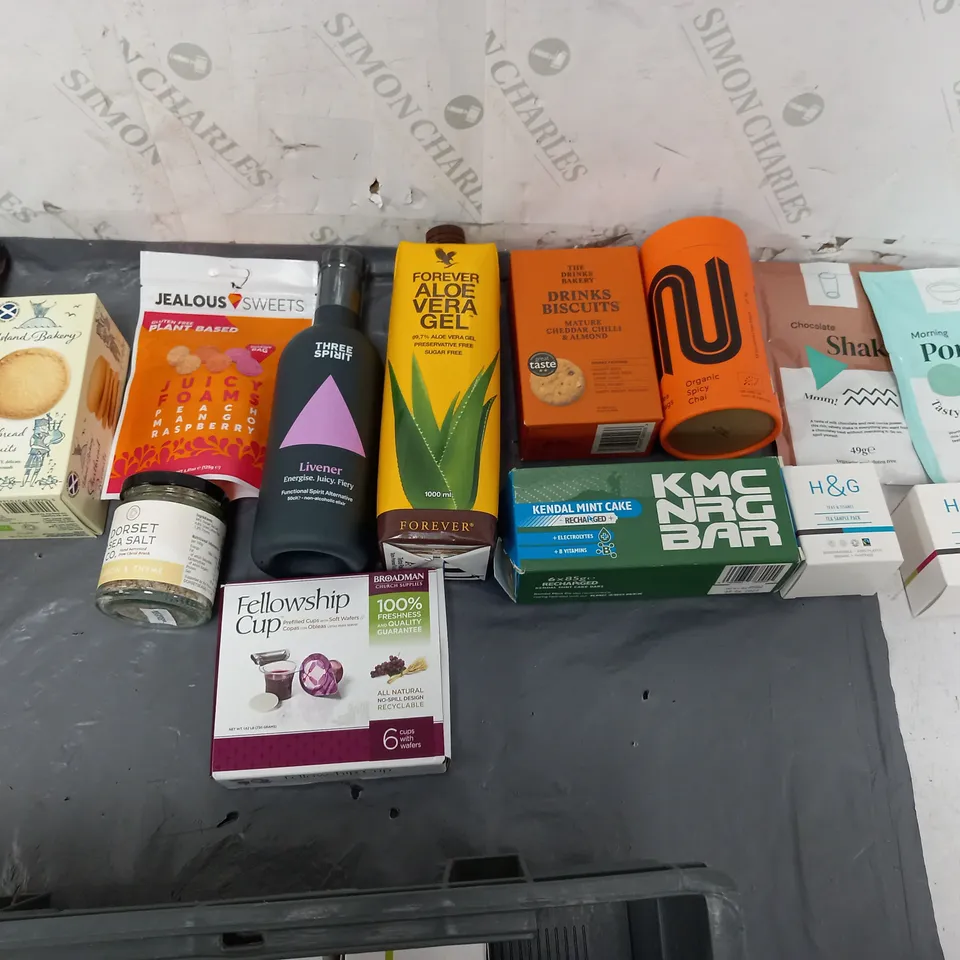 APPROXIMATELY 10 ASSORTED FOOD ITEMS TO INCLUDE - THREE SPIRIT NIGHTCAP, FOREVER ALOE VERA, AND DRINKS BISCUITS ETC.