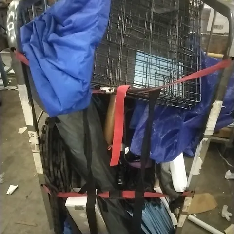 CAGE CONTAININ ASSORTED HOUSEHOLD GOODS WHICH INCLUDE; DOG CAGE, FAN, COOLING MAT, PARASOL ETC