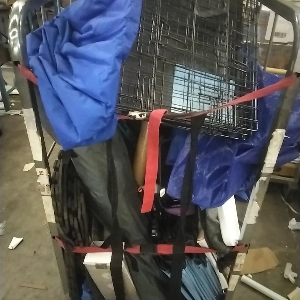 CAGE CONTAININ ASSORTED HOUSEHOLD GOODS WHICH INCLUDE; DOG CAGE, FAN, COOLING MAT, PARASOL ETC