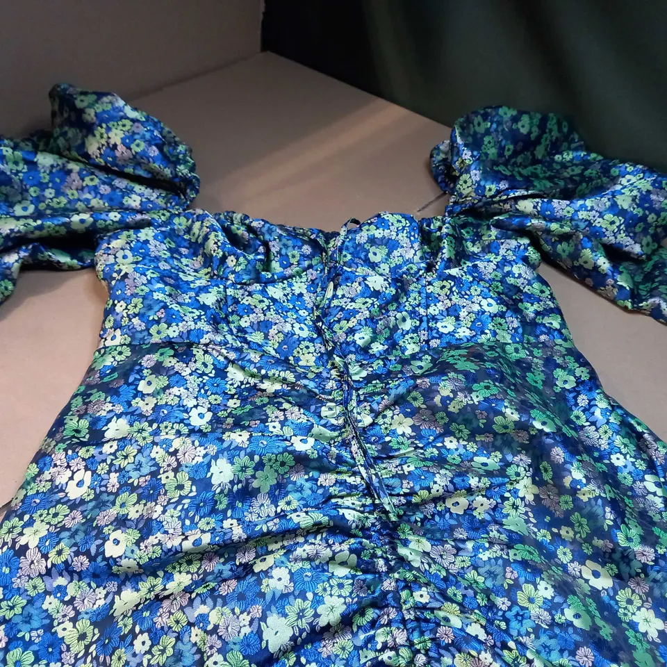 ASOS BLUE/YELLOW DITSY OFF SHOULDER MINI DRESS - SIZE 18