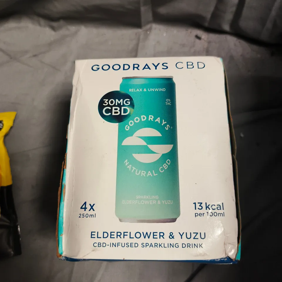 APPROXIMATELY 10 ASSORTED FOOD ITEMS INCLUDING GOODRAYS CBD DRINK , REAL GOURMET CREAM OF COCONUT AND SNAKING CHEESE