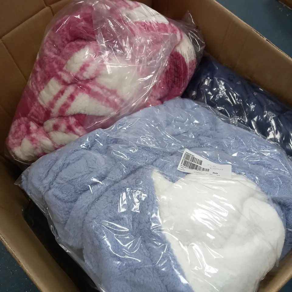BOX OF ASSORTED CLOTHING ITEMS TOO INCLUDE BAGS , ONSIES, AND PYJAMAS  ETC. 