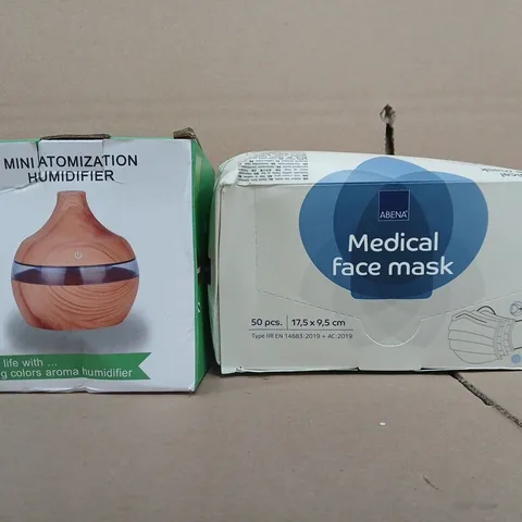 BOX OF APPROXIMATELY 20 ASSORTED HOUSEHOLD ITEMS TO INCLUDE MEDICAL FACE MASK, MINI ATOMIZATION HUMIDIFIER, ETC