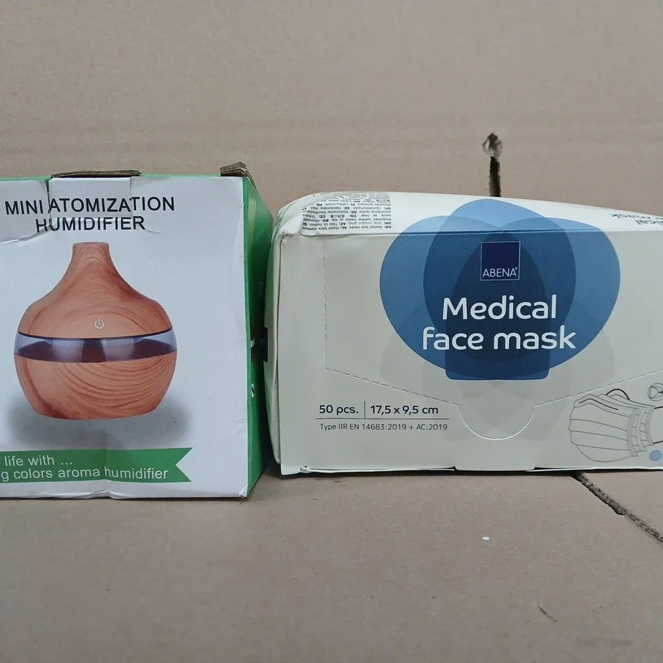 BOX OF APPROXIMATELY 20 ASSORTED HOUSEHOLD ITEMS TO INCLUDE MEDICAL FACE MASK, MINI ATOMIZATION HUMIDIFIER, ETC