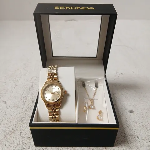 SEKONDA LADIES' GOLD-TONE WRISTWATCH WITH MATCHING JEWELLERY SET