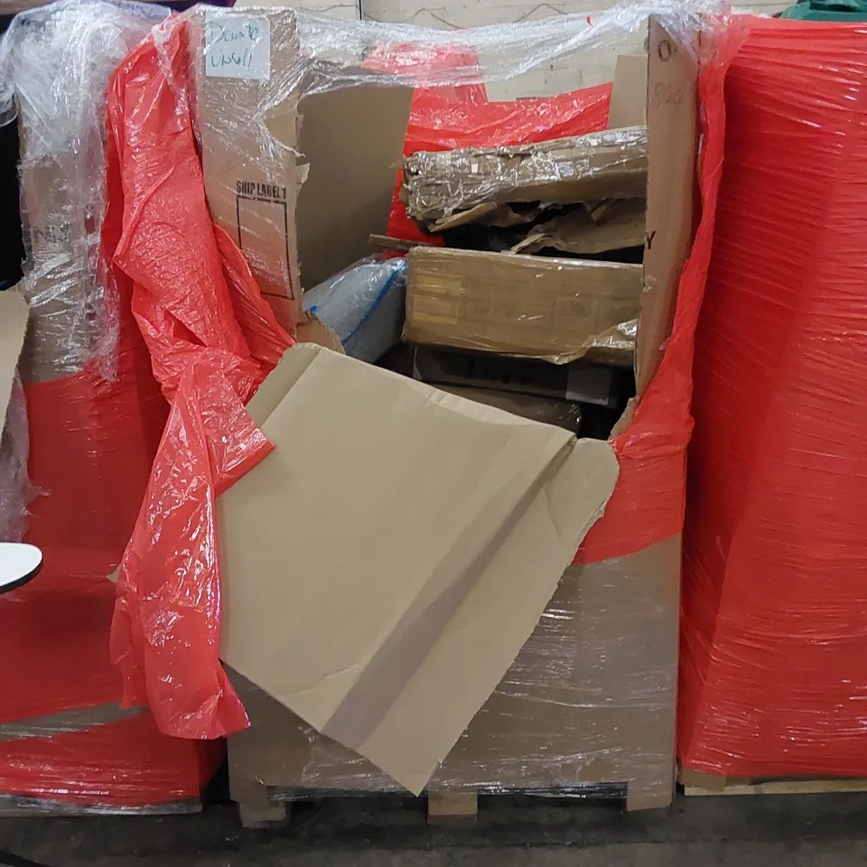 PALLET TO CONTAIN ASSORTED HOUSEHOLD ITEMS AND CONSUMER PRODUCTS. INCLUDING AIR FRYER, COOKER HOOD, ELECTRIC POTATO PEELER, CORNER DESK, BOXED FURNITURE ETC