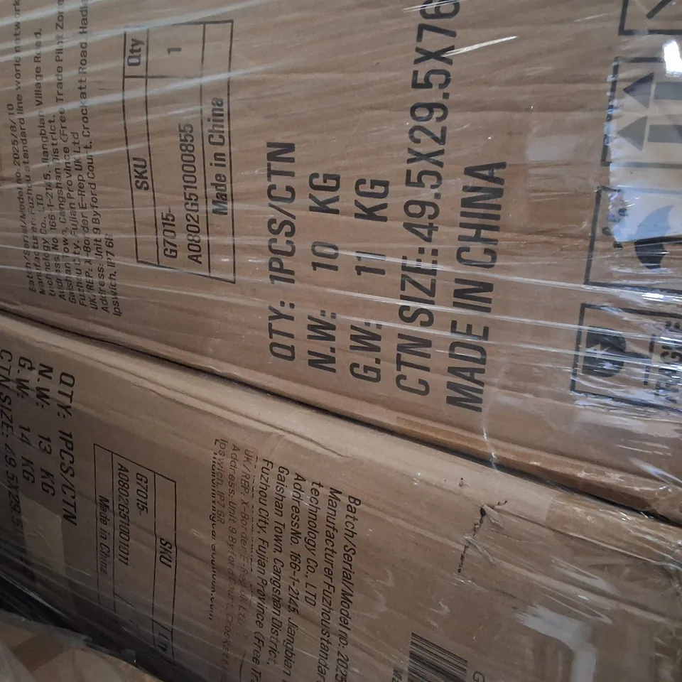 PALLET OF ASSORTED ITEMS TO INCLUDE MULTIPLE BOXED HARDWARE SHELLED LUGGAGE CASES, BABY HIGH CHAIR AND FLAT PACK FURNITURE