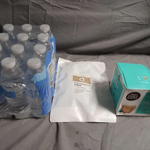 APPROXIMATELY 10 ASSORTED FOOD ITEMS TO INCLUDE - BOTTLED WATER, COFFEE BEANS AND DOLCE GUSTO FLAT WHITE - COLLECTION ONLY