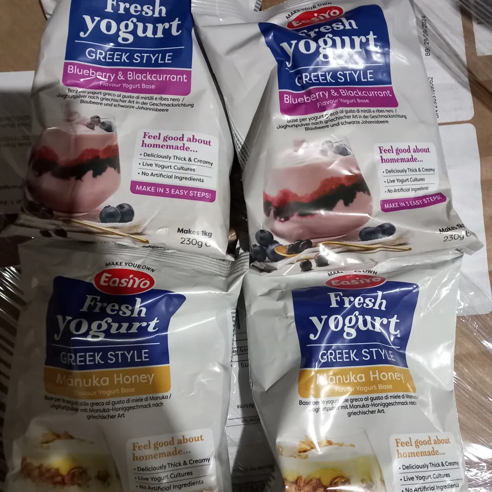 PALLET OF APPROXIMATELY 34 SETS OF ASSORTED EASI YO GREEK STYLE YOGHURT SACHETS