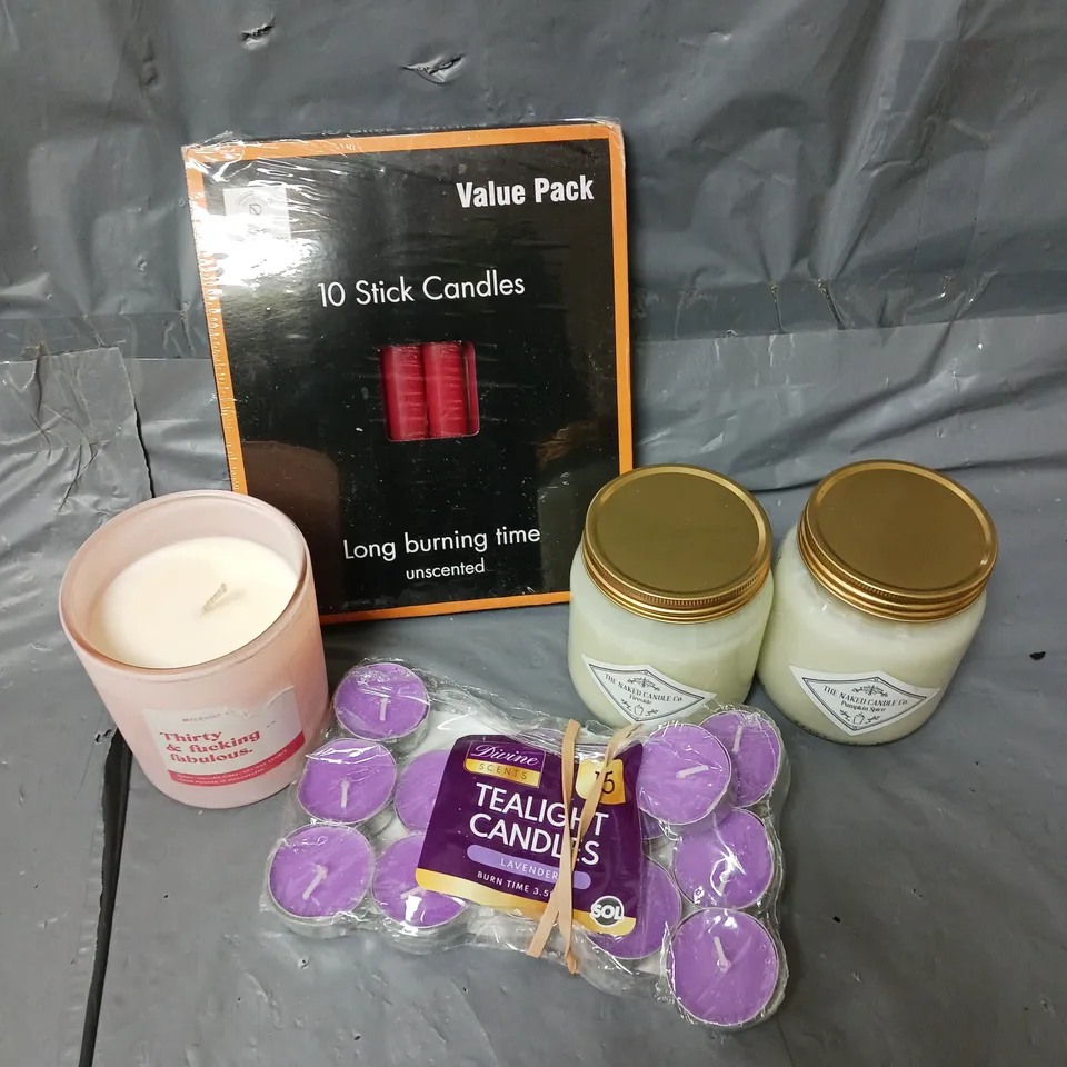 APPROXIMATELY 10 ASSORTED HOUSEHOLD ITEMS TO INCLUDE CANDLES, TEALIGHTS, ETC