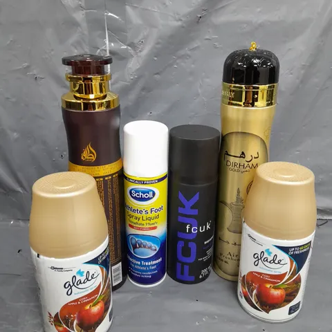 APPROXIMATELY 5 ASSORTED AEROSOLS TO INCLUDE BODY SPRAY , FOOT SPRAY , AUTOMATIC ROOM SPRAY , ETC 