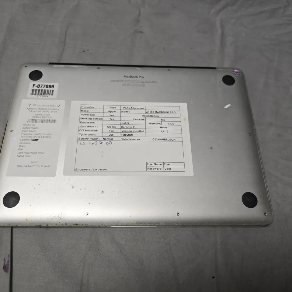 APPLE MACBOOK PRO 13-INCH A1502 – 8GB RAM, 128GB SSD