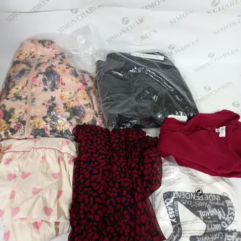 LARGE BOX OF ASSORTED CLOTHING ITEMS IN VARIOUS COLOURS AND SIZES INCLUDING TROUSERS , TOPS AND JUMPERS