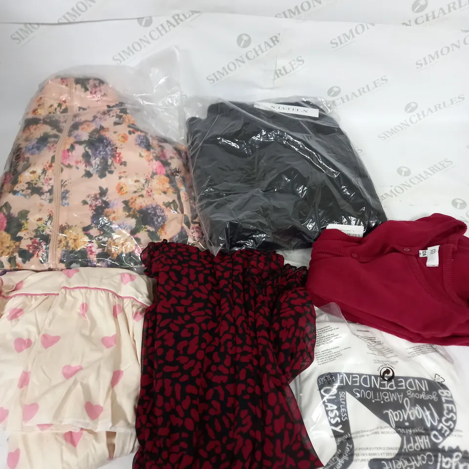 LARGE BOX OF ASSORTED CLOTHING ITEMS IN VARIOUS COLOURS AND SIZES INCLUDING TROUSERS , TOPS AND JUMPERS 