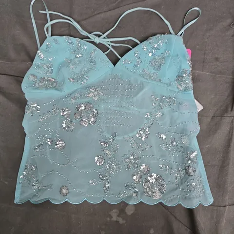EDIKTED TURQUOISE LACE BRALETTE TOP WITH SEQUIN EMBELLISHMENT – SIZE S