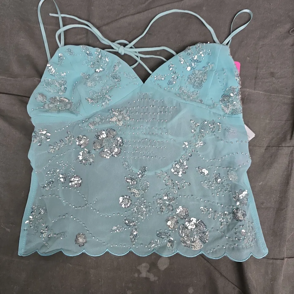 EDIKTED TURQUOISE LACE BRALETTE TOP WITH SEQUIN EMBELLISHMENT – SIZE S