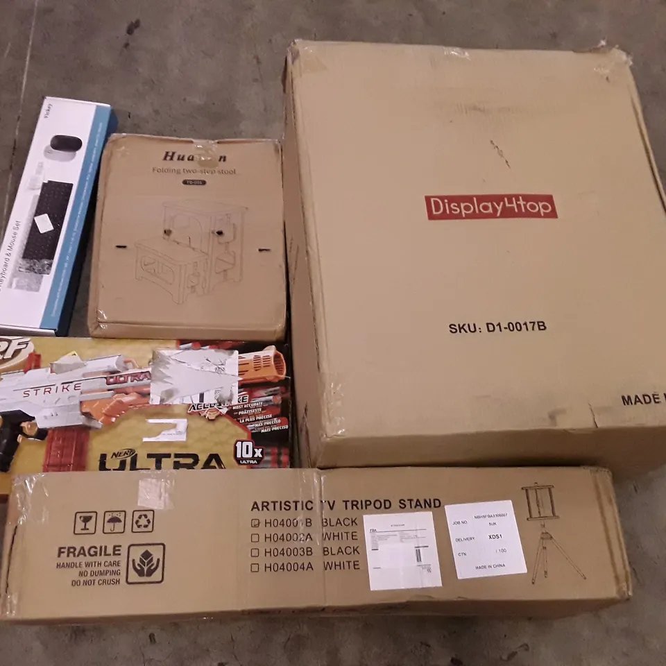 PALLET OF ASSORTED PRODUCTS INCLUDING TV TRIPOD STAND, FOLDING STEP STOOL, WIRELESS KEYBOARD & MOUSE, NERF GUN