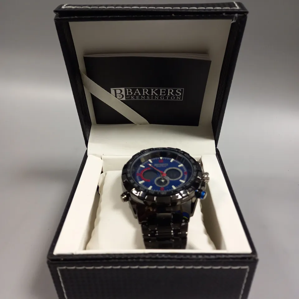 BOXED BARKERS OF KENSINGTON MEGA SPORT BLUE DIAL WATCH 