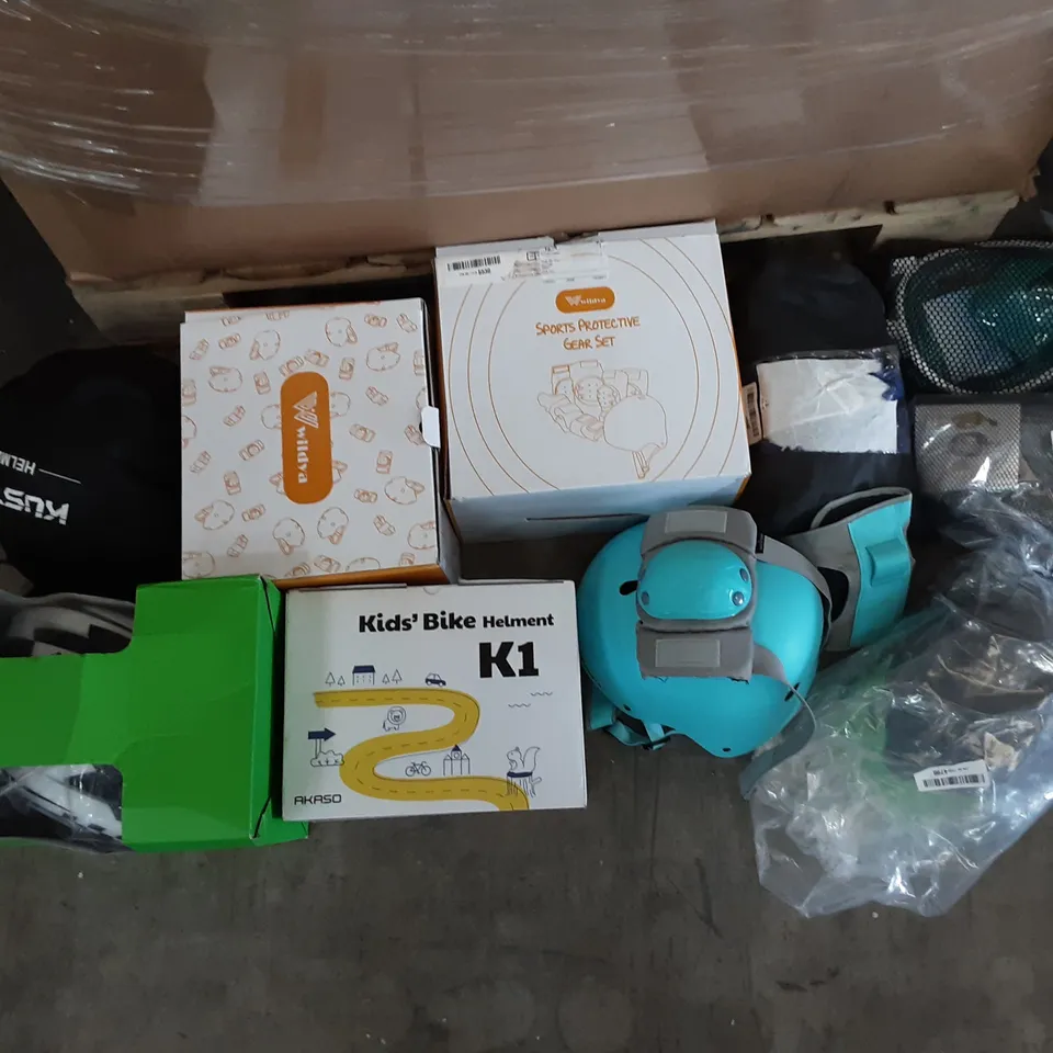 PALLET OF ASSORTED PRODUCTS TO INCLUDE CRZKO KIDS HELMET, WILDYA SPORTS PROTETIVE GEAR SET, KUSTAR HELMET, FREE BREATH SNORKELING MASK, AKASO KIDS BIKE HELMET, BLOSTM CHAINSAW SAFETY HELMET