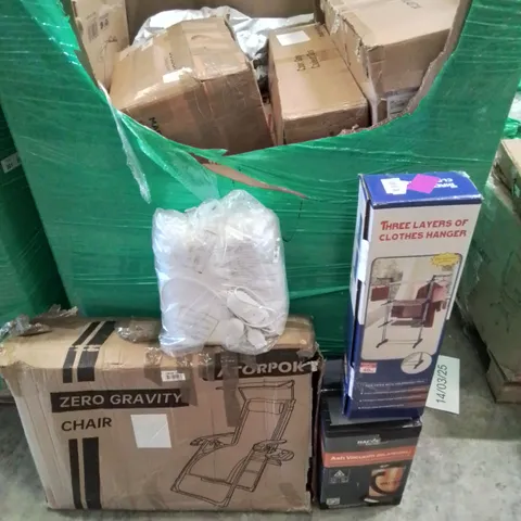 PALLET CONTAINING VARIOUS BOXED HOUSEHOLD ITEMS TO INCLUDE: CLOTHES HANGER, ZERO GRAVITY CHAIR, HEATED BLANKET, ASH VACUUM AND LOTS MORE UNMARKED BOXED ITEMS.