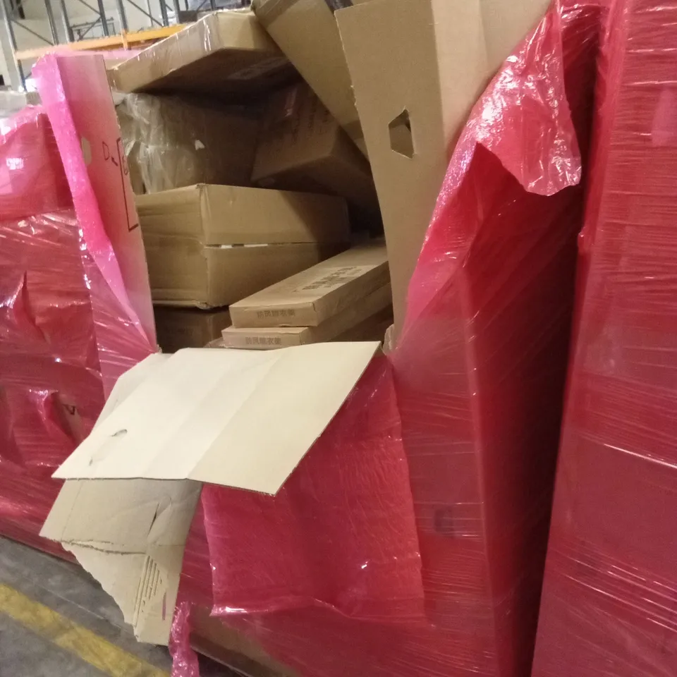 PALLET OF ASSORTED HOUSEHOLD GOODS AND PRODUCTS TO INCLUDE; SHOWER RAIL SETS, FOLDING CAMP TABLE, CLOTHES/COAT HANGING RAILS ETC