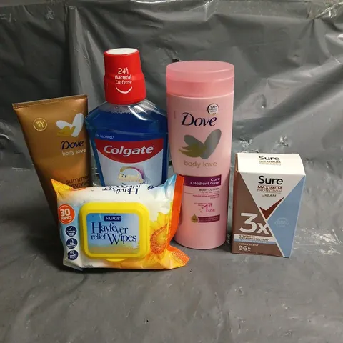 APPROXIMATELY 20 HEALTH AND BEAUTY PRODUCTS TO INCLUDE NUAGE HAYFEVER WIPES, DOVE BODY LOTION AND COLGATE MOUTHWASH