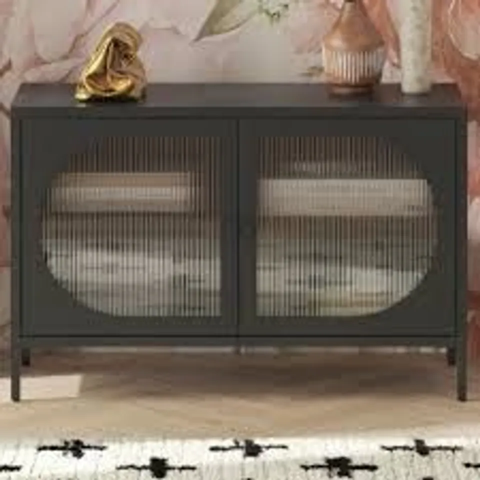 BOXED DOREL LUNA 2 DOOR BLACK FLUTED GLASS WIDE ACCENT CABINET (1 BOX)