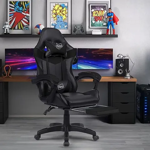 BOXED NEO BLACK MASSAGE LEATHER GAMING CHAIR WITH FOOTREST