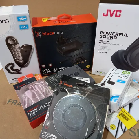 LOT OF APPROX. 10 X ITEMS TO INCLUDE BLACKWEB 90W UNIVERSAL LAPTOP CHARGER, JVC HA-S31M HEADPHONES, BLACKWEB MICRO USB TO USB-A CABLE, ETC.