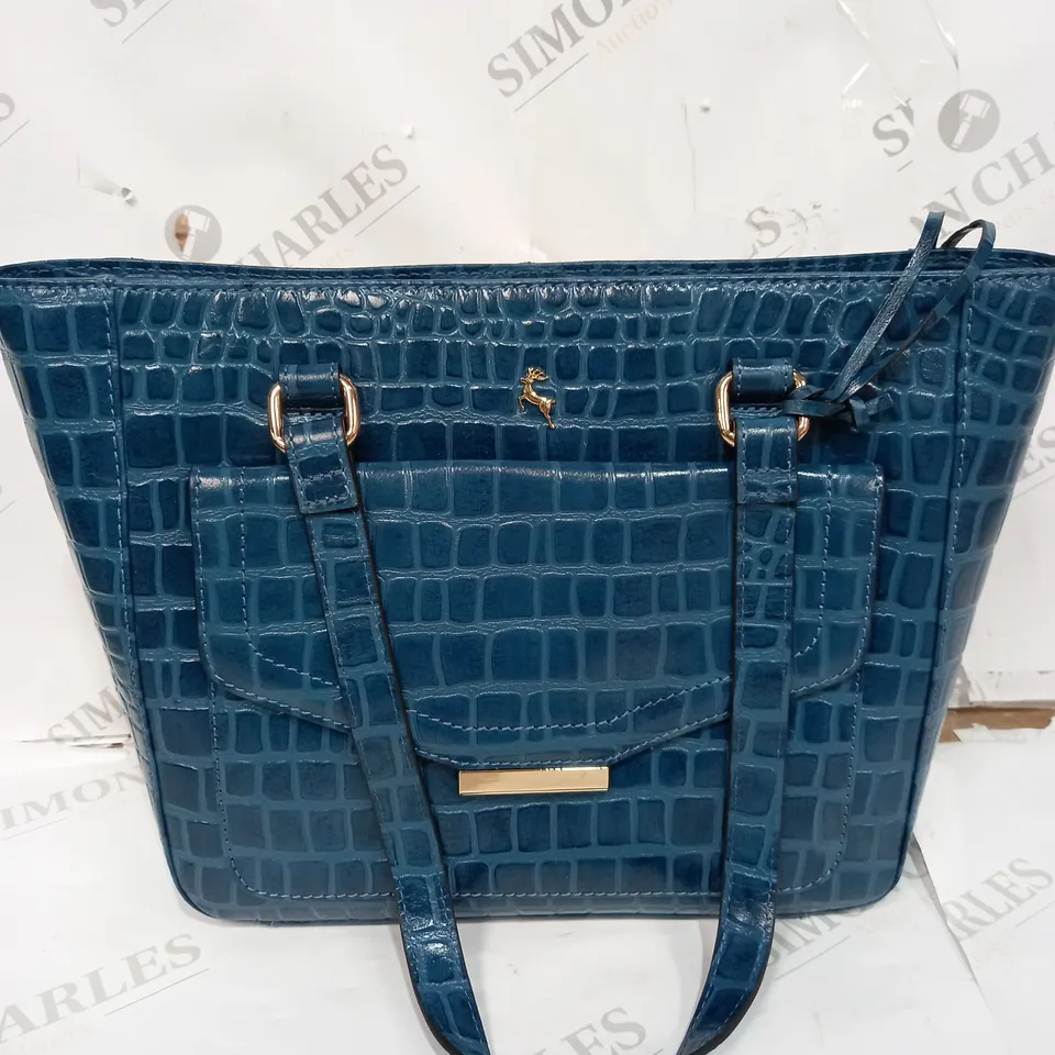 LEATHER CROCODILE PRINT TWO SECTION WITH MID PURSE BAG TEAL