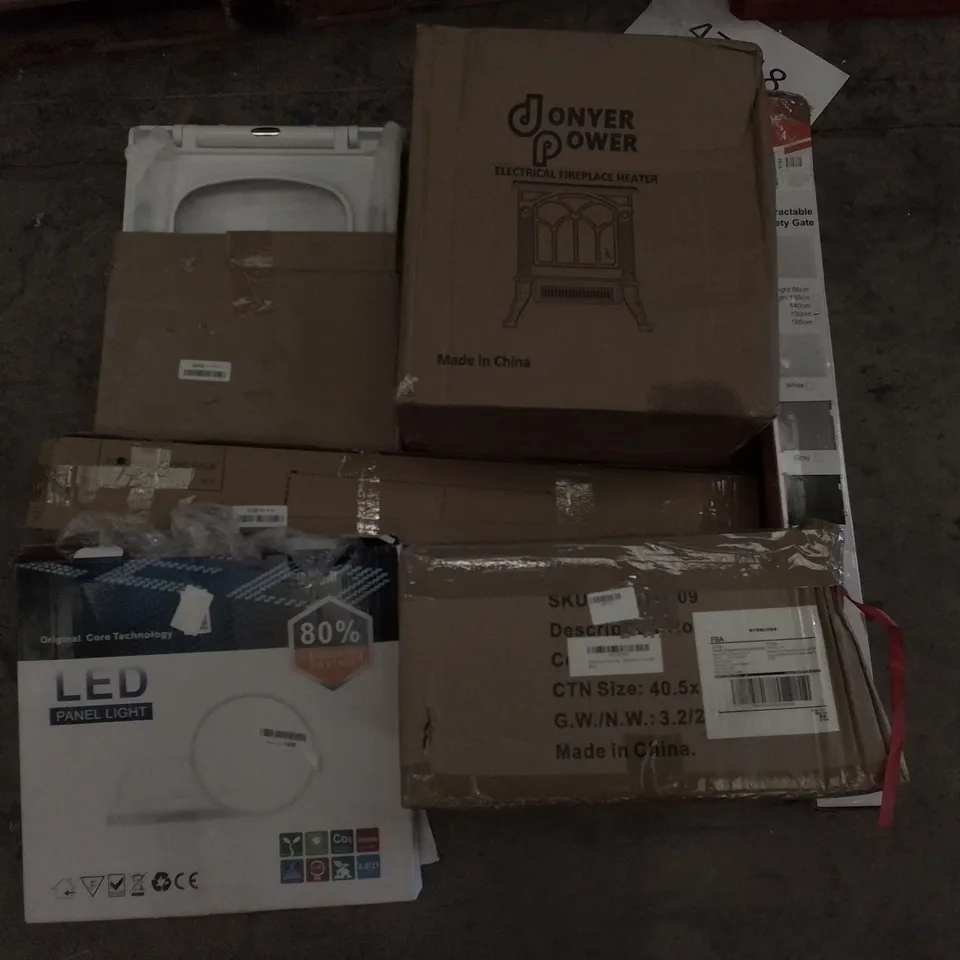 PALLET OF ASSORTED ITEMS INCLUDING ELECTRICAL FIREPLACE HEATER, LED PANEL LIGHT, RETRACTABLE SAFETY GATE, FOLDING DRYING G RACK, TOILET SEAT, ROUND STOOL