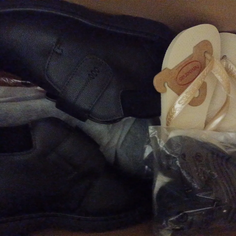 BOX OF APPROXIMATELY 8 ASSORTED PAIRS OF SHOES AND FOOTWEAR ITEMS IN VARIOUS COLOURS, STYLES, AND SIZES