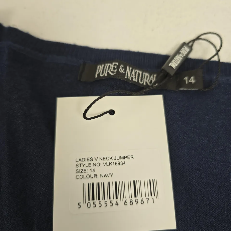 PURE & NATURAL LADIES V-NECK JUMPER – NAVY, UK SIZE 14 (STYLE NO: VLK16934)