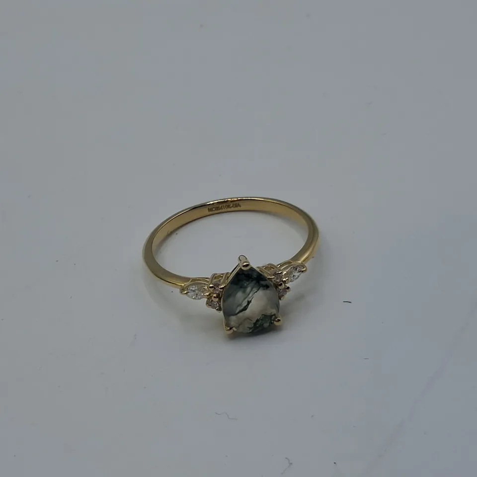 NORM JEWELS STUNNING PEAR MOSS AGATE ENGAGEMENT RING
