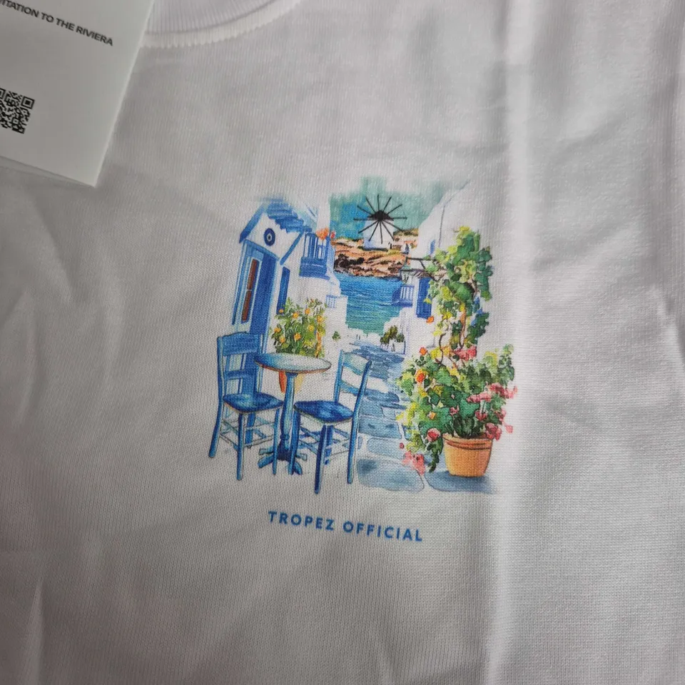 TROPEZ OFFICIAL WHITE T-SHIRT WITH RIVIERA PRINT – SIZE M