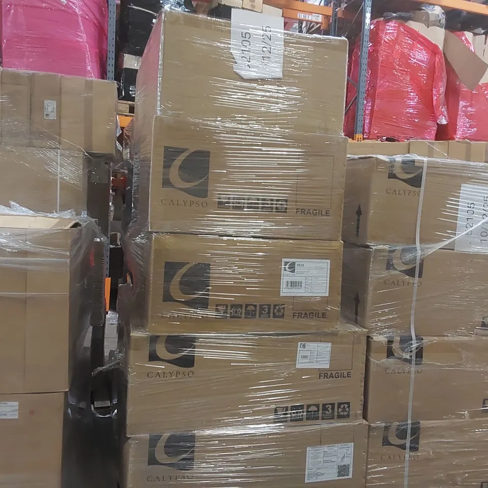PALLET CONTAINING A LARGE QUANTITY OF BRAND NEW CALYPSO SAVENA SINGLE DRAWER VANITY BASES, CALYPSO WASHBASIN CABINET ECT