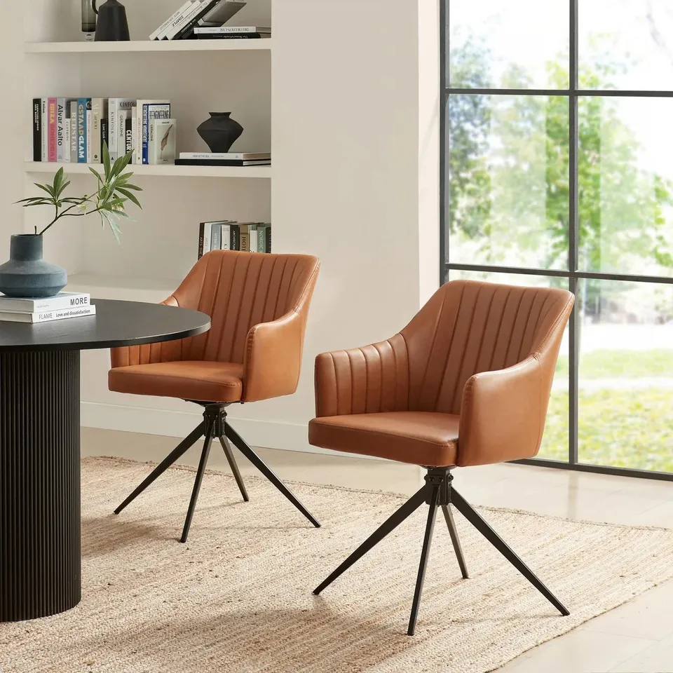 BOXED 2X CALLA TAN FAUX LEATHER SWIVEL DINING CHAIRS