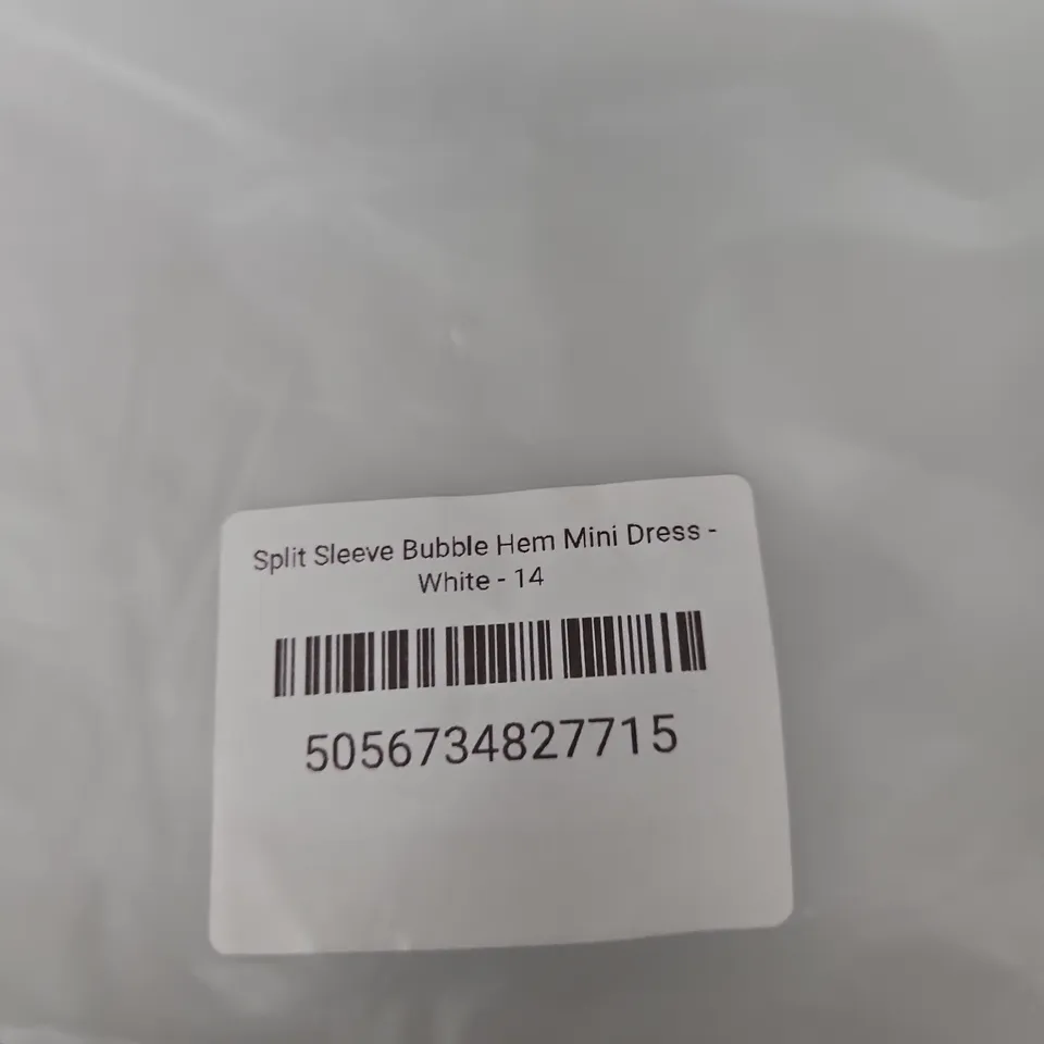SPLIT SLEEVE BUBBLE HEM MINI DRESS – WHITE UK 14